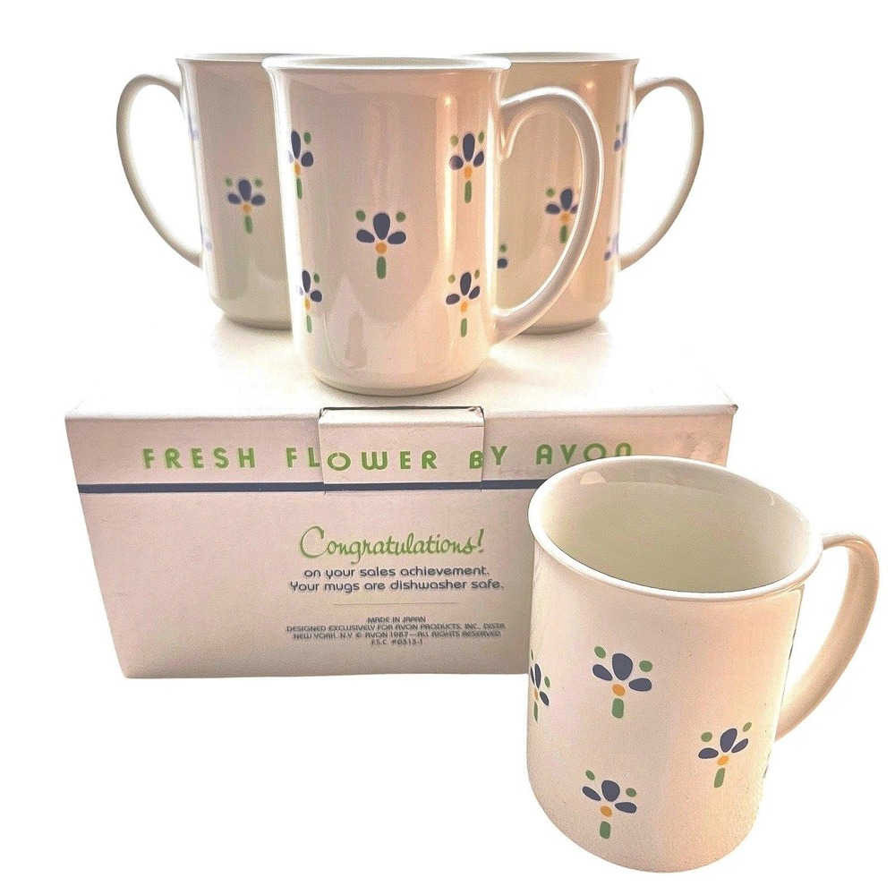 Vintage Avon Fresh Flower Coffee Mug Set of 4 1987 Sales Award Made in Japan - Picture 1 of 8